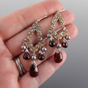 Garnet chandelier earrings, handmade recycled fine silver earrings with pyrope garnet and silver pearls-OOAK image 9