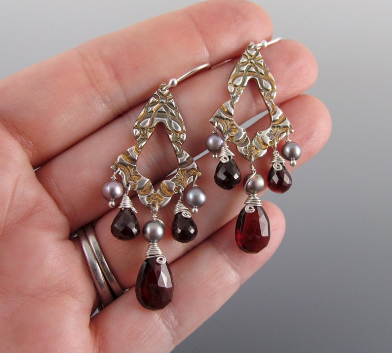 Garnet chandelier earrings, handmade recycled fine silver earrings with pyrope garnet and silver pearls-OOAK image 9