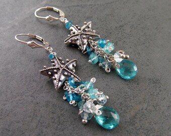 Silver starfish earrings, handmade sterling silver, apatite and aquamarine gemstone earrings, OOAK