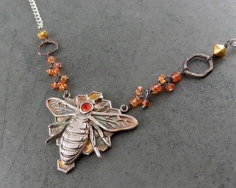 Honey bee specimen pendant, handmade recycled fine silver, 24k gold, mixed metal, sapphire honeycomb necklace-OOAK
