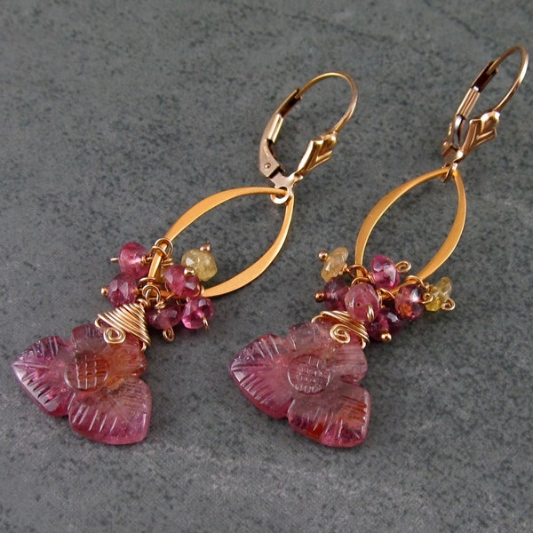 Pink tourmaline flower earrings, handmade 22k gold vermeil carved tourmaline earrings-OOAK