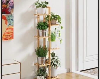 Estante de bambú para plantas de interior de 122 cm de alto, con 6 niveles para 7 macetas, ideal para sala de estar, dormitorio y pasillo.