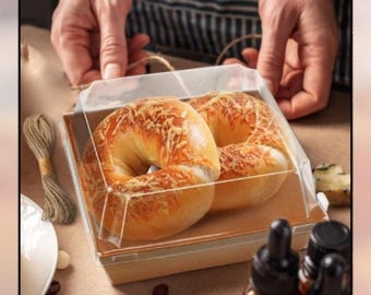 Mini cajas para postres - Cajas de cartón Kraft de 4x4 pulgadas para repostería con tapas transparentes y cordel (paquete de 150)