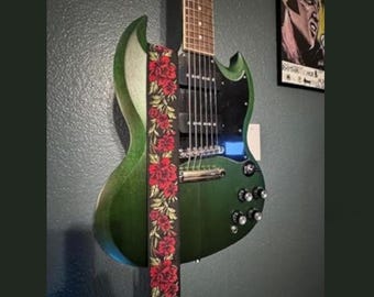 Correa de guitarra con diseño floral de rosas, cierres y púas. Correa tejida ajustable para guitarras acústicas, eléctricas y bajos. Correa cómoda.