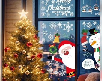 Adhesivos navideños para ventanas: Copos de nieve y Papá Noel de doble cara (reutilizables)
