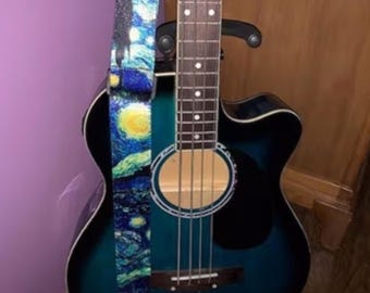 Correa de guitarra "Van Gogh Starry Night" con cierres y botón. Correa ajustable inspirada en el arte para guitarra eléctrica, acústica y bajo.