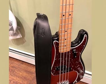 Correa de guitarra de cuero negro de 3 pulgadas de ancho / Correa acolchada ajustable para guitarra eléctrica, acústica y bajo / Correa cómoda hecha a mano para músicos