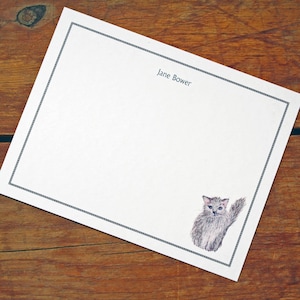 Personalized Cat Kitten Kitty, Grey Cat Custom Notecard Stationery. Thank You, Watercolor Print, Set of 10. Gifts for cat lovers. Cat mom.
