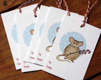 Winter Mouse Gift Tags, Mouse with Winter Berries in Snow. Sets of 6, 12, 24 or 48