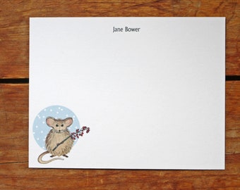 NEW! Winter Mouse with Red Berries and Snow Custom Notecard Stationery. Thank You, Any Occasion, Personalize Watercolor Print, Set of 10.