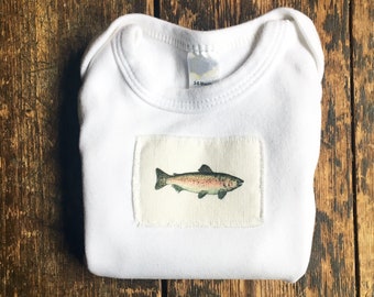 Trout Salmon Fish Baby One Piece Fisherman or Fisherwoman, Bodysuit Cotton Infant Baby Short Sleeve, Sizes: 3-6 Month OR 6-12 Month