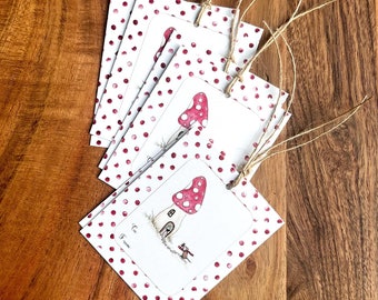 Cute Little Shrew or Mouse Mushroom House Holiday Gift Tags, Winter Gift Giving, Set of 6, Gifts under 10, Polka Dots Wreath Gifts