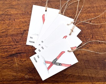 Vintage Ski Tags, Red Old-Fashioned Skis, Wooden Skis Nordic Scandinavian, Sets of 6, 12, 24 or 48. Jute or Bakers Twine