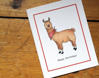 NEW! Llama in Bandana Happy Birthday Card, with Red Border Handmade Birthday Greeting Card