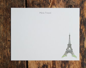 Paris Eiffel Tower France French Custom Notecard Stationery. Thank You, Gifts under 20, Personalized Watercolor Print, Set of 10.