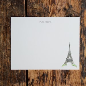 Paris Eiffel Tower France French Custom Notecard Stationery. Thank You, Gifts under 20, Personalized Watercolor Print, Set of 10.