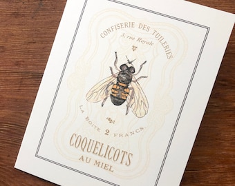 Bee Card, French Style, Vintage Style, Honey Bee any Occasion Handmade Greeting Card. Blank Inside