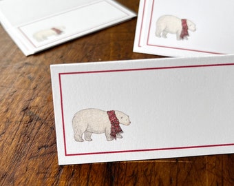 NEW!! Winter Polar Bear in Scarf Placecards for Your Holiday Christmas or Special Table, Set of 12. Watercolor Design, Red Border.