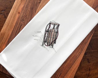 NEW! Sled Winter Sport Sledding Sledder Tea Towel Kitchen Towel Linen and Cotton Watercolor Print. Towel for winter kitchen. Gift under 30