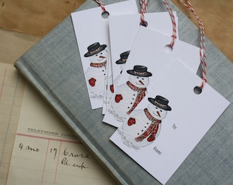 Snowman Gift Tags, Snow Snowman with Red Scarf with Bakers Twine String, Sets of 6