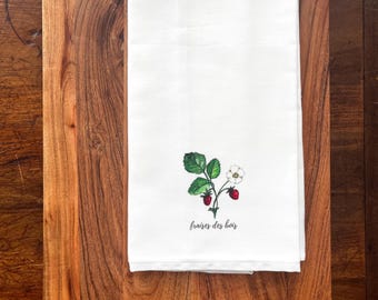 NEW! Wild Strawberry Woods Forest. Fraises des Bois. Strawberries Tea Towel Kitchen Towel Cotton Watercolor Dish Dishtowel. Gift under 30