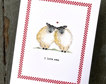 Love Anniversary Sheep or Ewe, Can Personalize. Heart and Red Checkers, Valentines Day. Handmade Greeting Card