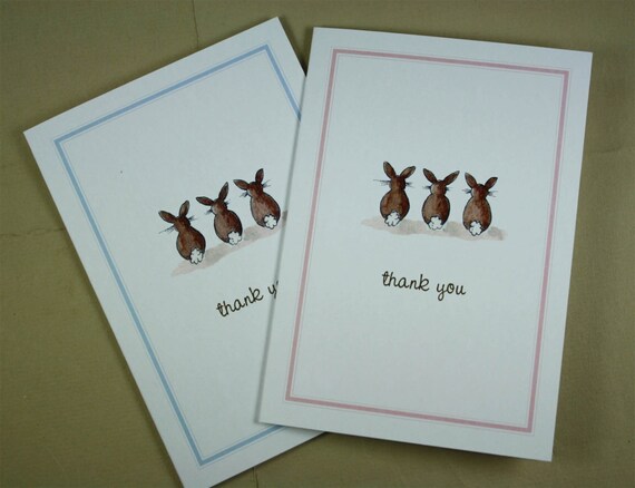 Thank You Note Bunny Rabbit Tails Set of 8. Pale Pink Border | Etsy
