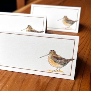 Tarjetas de lugar para la mesa con aves de caza Woodcock, juego de 12. Diseño de acuarela Woodcock con borde marrón. En blanco brillante o natural.