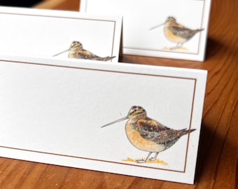 Woodcock Game Bird Placecards for Your Table, Set of 12. Watercolor Woodcock Design with Brown Border. On Bright White or Natural.
