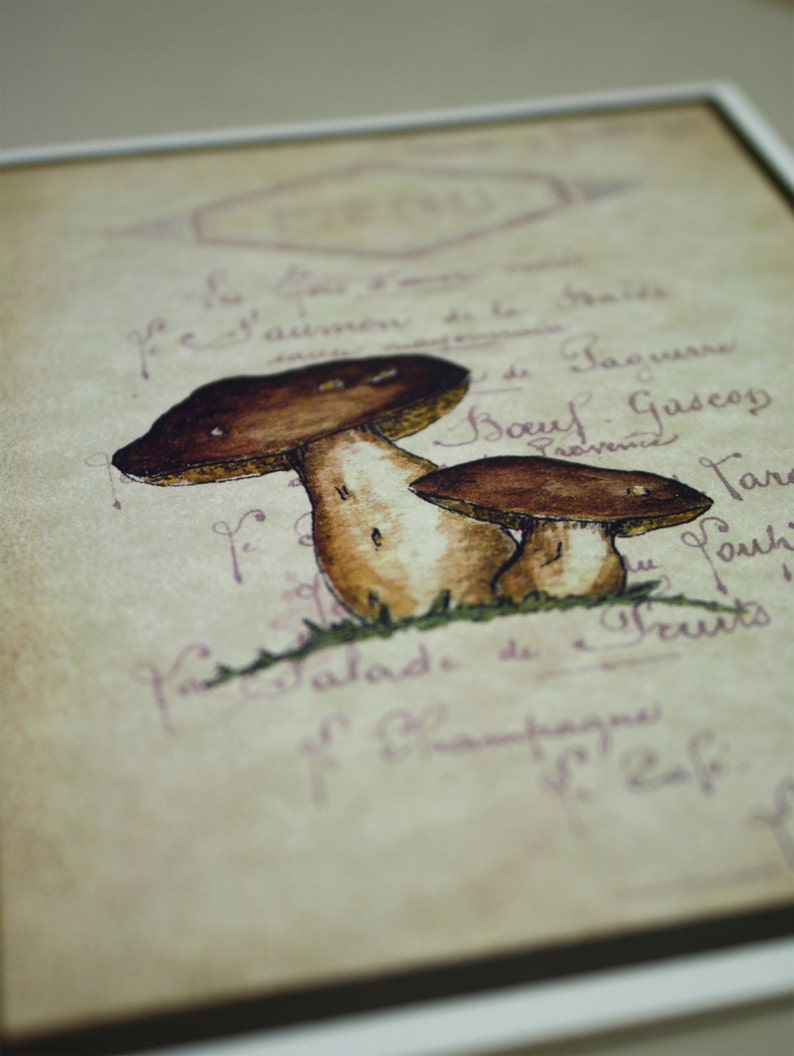 Porcini Mushroom With French Menu Woodland Watercolor Print Etsy