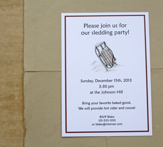 Sled Winter Sledding Party Invitation Watercolor Print Etsy