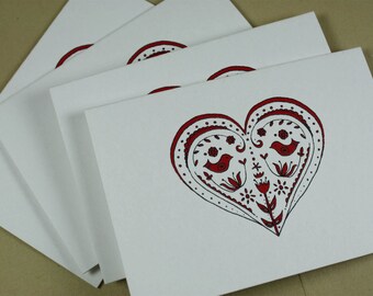 Folk Heart, Scandinavian Heart Mini Cards, Valentines Red Love Tiny Cards - Set of 4 with Mini Envelopes