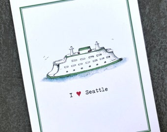 NEW! I Heart Seattle. I Love Seattle. Ferry Boat Card. Any occasion, blank inside.