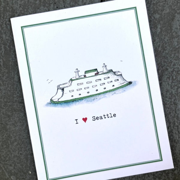 NEW! I Heart Seattle. I Love Seattle. Ferry Boat Card. Any occasion, blank inside.