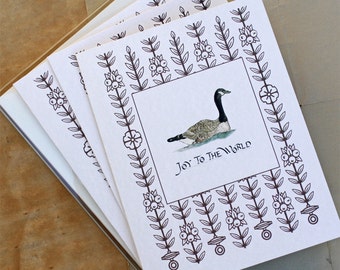 Set, Christmas Goose Joy to the World. Non Religious. Set of 8 Joy to the World Handmade Holiday Greeting Card Set