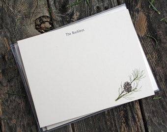 Pine Pinecone Custom Stationery Notecards, Pine Branch Stationery. Thank You, Any Occasion, Personalize Watercolor Print, Set of 10.