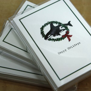 Conjunto de ballenas Orca a través de corona hecha a mano ¡feliz Navidad felicitación tarjetas, conjunto de 8