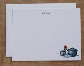 Batterie de Cuisine for Chef or Cook Custom Notecard. Thank You, Any Occasion, Personalize Watercolor Print, Set of 10.