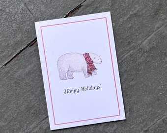 NEW! Set, Polar Bear with Nordic Scarf, Winter Snow, Happy Holidays Handmade Greeting Cards, Set of 8. Nordic Stationery