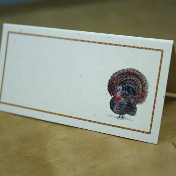 Turkey Placecards for Your Thanksgiving Table, Set of 12. Watercolor Turkey Design with Rust Orange Border, Recycled Paper