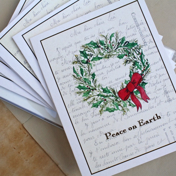 Set, Wreath Greens, Evergreen Red Bow, Set of 8. Christmas Peace on Earth Card Set