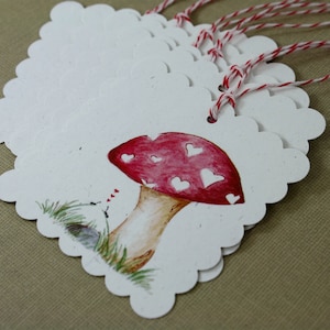 6 Watercolor Print Mushroom and Ants Tags, Set of 6, Recycled, Scallop Edge, Bakers Twine