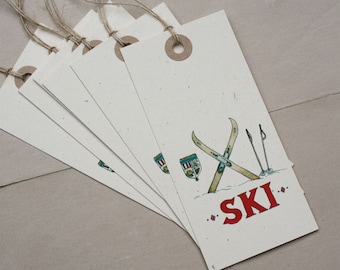 6 Ski Alpine Nordic Gift Tags, Cream Recycled Paper, Set of 6, Large Jumbo Heavy Cardstock Recycled Oversize Tags