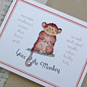 Year of the Monkey 2016 Chinese New Year Handmade Folded Card Watercolor Print. Chinese Zodiac. Gift for Chinese New Year