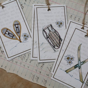 6 Winter Sport Tags - Ski Snowshoe Sled, Snow Sports, Watercolors Set of 6, Recycled Papers