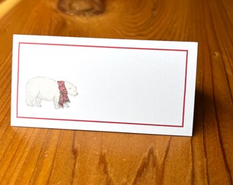 NEW!! Winter Polar Bear in Scarf Placecards for Your Holiday Christmas or Special Table, Set of 12. Watercolor Design, Red Border.