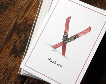 NEW! Skis Winter Thank You Notes Handmade Note Cards, Set of 8, Skis Skiing Winter Vintage Red Skis