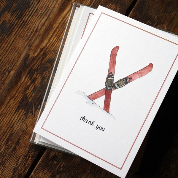 NEW! Skis Winter Thank You Notes Handmade Note Cards, Set of 8, Skis Skiing Winter Vintage Red Skis