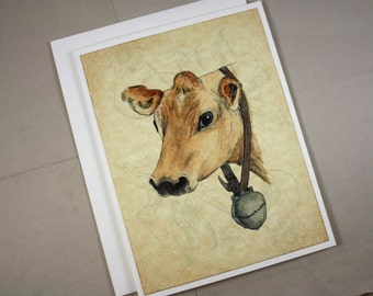 Cow Farm Animal, Barnyard, Cow with Bell, Watercolor Print of Cow, Handmade Greeting Card