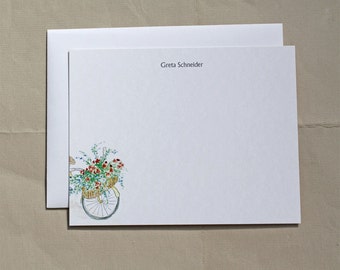 Bike with Flower Basket Custom Notecards, Stationery. Thank You, Any Occasion, Personalize Watercolor Print, Set of 10.